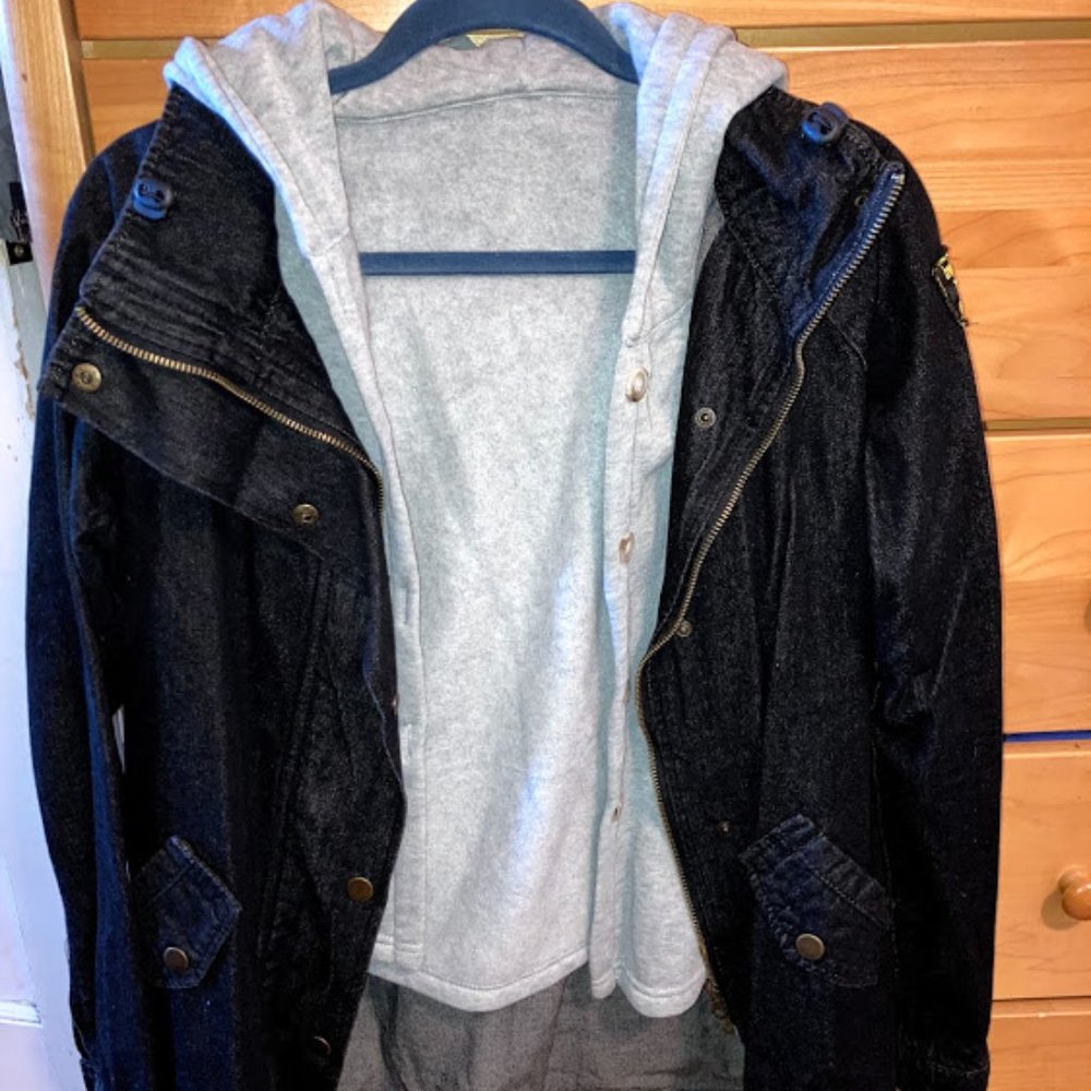 Black Denim Layered Jacket with Army Patch